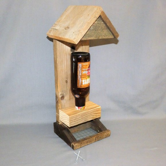 Rustic Beer Bottle Bird Feeder, Reclaimed Wood, Handcrafted, Garden Gift - Picture 2 of 5